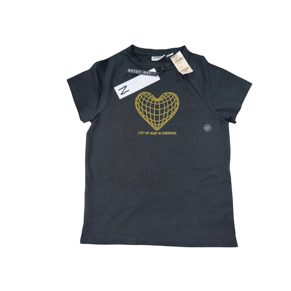 NOISY MAY Graphic T Shirt Black Gold Heart Cyber Space Print Short Sleeve